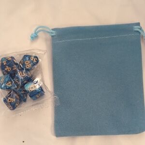 Blue Velvet Dice Bag with Blue-Gold Polyhedral Dice Set